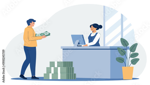 Man Handing Cash to a Bank Teller at a Counter with a Computer and Stacks of Money, illustrating a financial transaction and banking services.