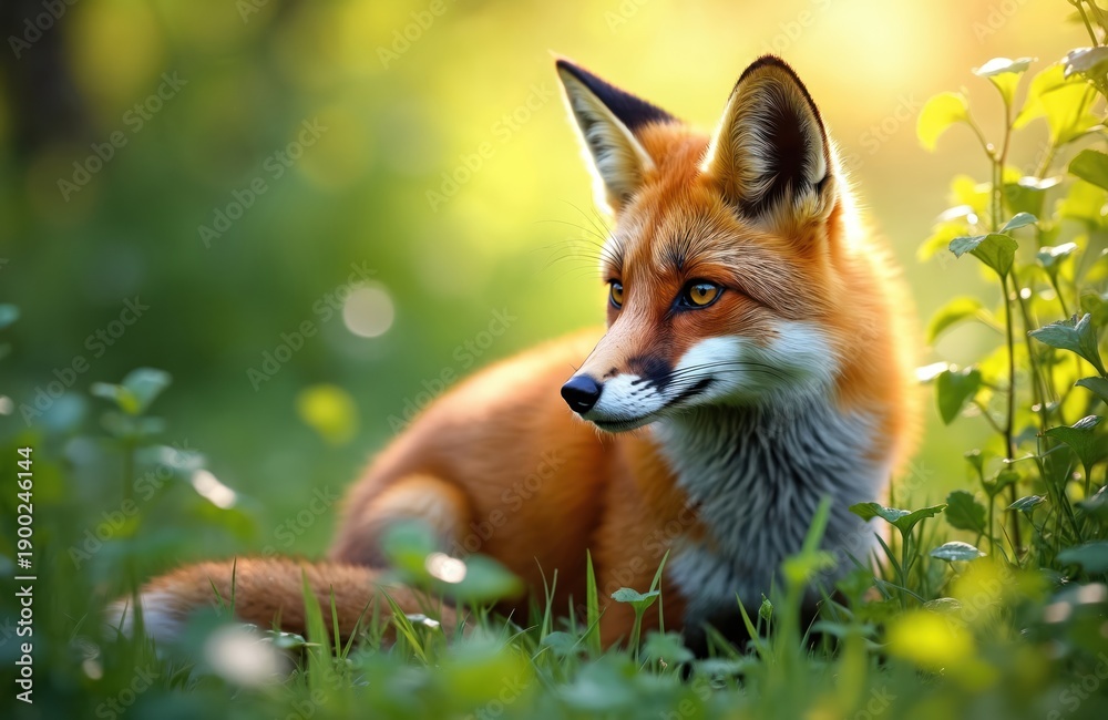Naklejka premium Red fox rests in rich green grass during sunny day. This wild mammal has bright orange fur and alert eyes, looking intently to the side with sharp ears pricked up.