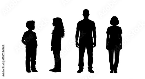 Black vector silhouettes of family members: man, woman, boy, and girl standing, isolated on white