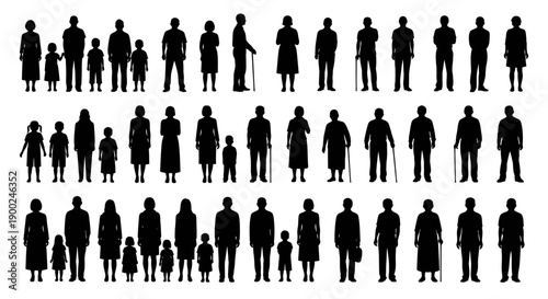 Vector silhouettes of diverse people, men, women, and children in various poses, standing, walking, isolated on white
