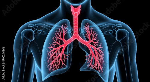 Human Lungs Anatomy Vector Illustration with Bronchi and Trachea, Respiratory System Medical Diagram, isolated on black