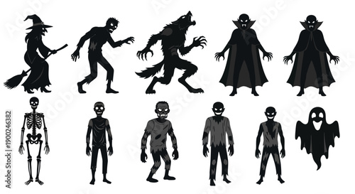 Halloween monster silhouettes vector set: witch, zombie, werewolf, vampire, skeleton, ghost characters isolated on white