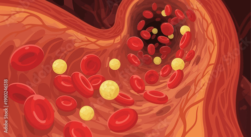 Red blood cells and yellow cholesterol particles flowing in a human vein or artery, vector medical illustration for health and science
