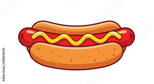 Cartoon vector hot dog with mustard, fast food illustration, isolated on white