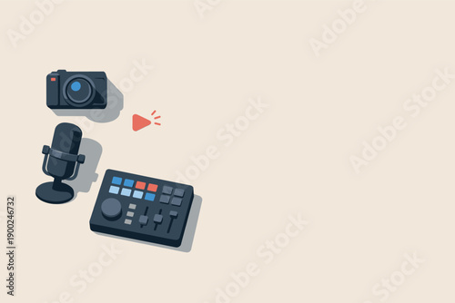 Modern streaming equipment including camera, microphone, and control board on a light background