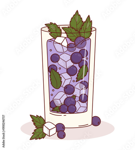 Blackcurrant Drink with Ice Cubes, Purple Berries currant and Mint Leaves. Summer Refreshing healthy Cocktail in glass. Vector Illustration