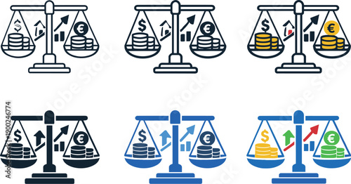 Scales of justice balancing dollar and euro coins with financial growth charts