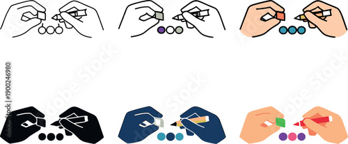 Hands assembling small cubes and drawing circles, presented in multiple styles