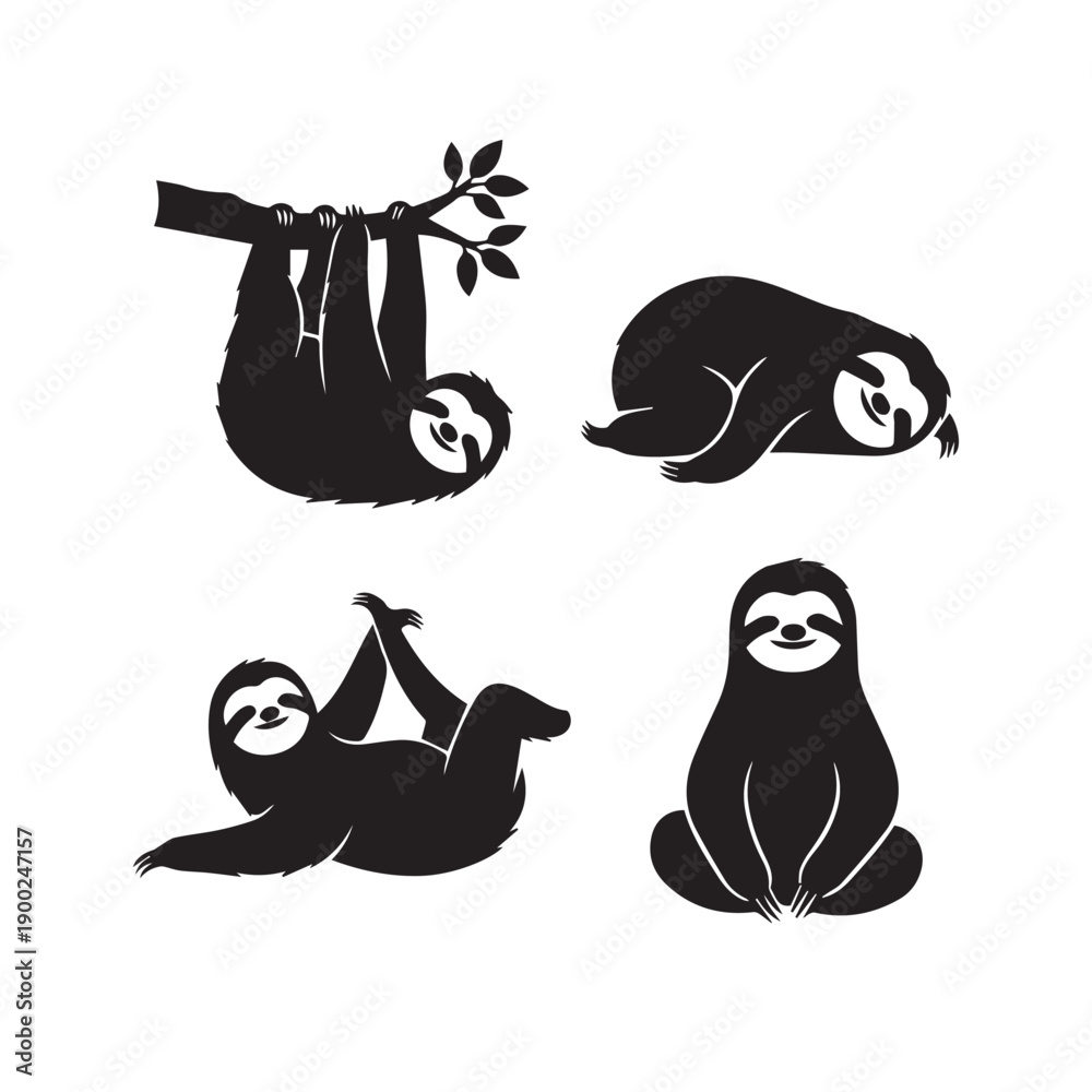 Naklejka premium Sloth Silhouette Vector Set, Sloth Animal Black and White Illustration, Sloth Silhouette Collection