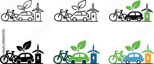 Eco-friendly transportation icons: bicycle, electric car, and wind turbine
