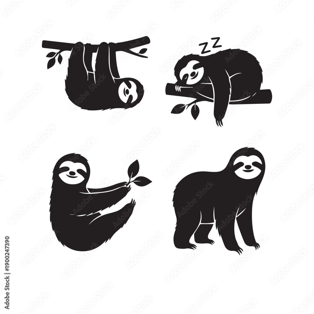 Naklejka premium Sloth Silhouette Vector Set, Sloth Animal Black and White Illustration, Sloth Silhouette Collection