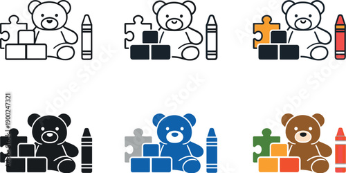 Collection of colorful teddy bear, puzzle, and crayon icons for children's play and learning