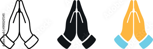 Set of three praying hands icons in outline, solid black, and colorful styles