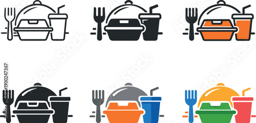 Set of icons representing takeaway food and drinks with cutlery and serving dome