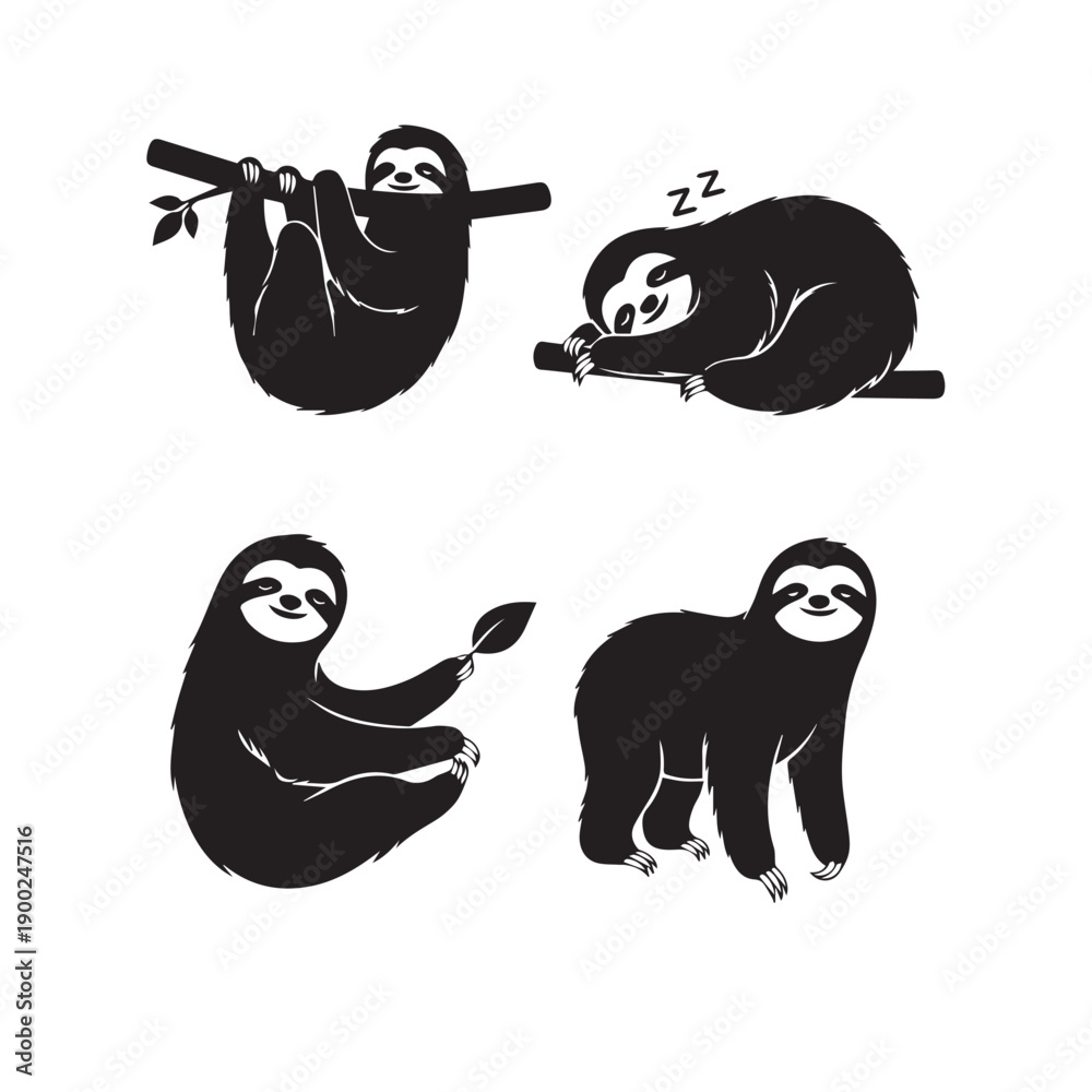 Obraz premium Sloth Silhouette Vector Set, Sloth Animal Black and White Illustration, Sloth Silhouette Collection