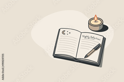 Open journal with "Nightly Reflections" title and a lit candle nearby