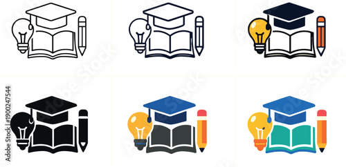Education and learning icons with graduation cap, book, lightbulb, and pencil