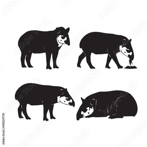 Tapir Silhouette Vector Set, Tapir Animal Black and White Illustration, Tapir Silhouette Collection