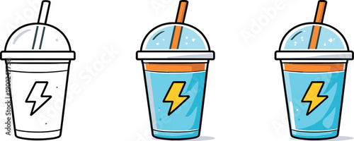 Energy drink in a cup with a lightning bolt symbol and straw, cartoon style