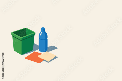 Green trash bin with cleaning supplies, bottle, and cloth, isometric view