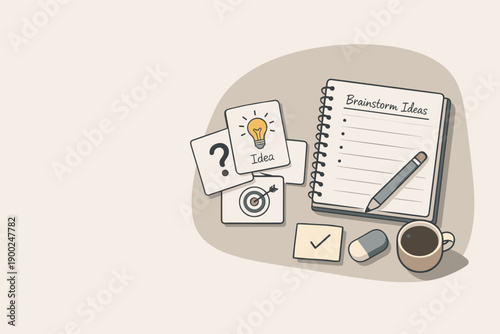 Creative brainstorming session with ideas, goals, and a notebook for planning