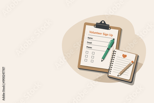 Volunteer sign up form on clipboard with pen and notebook, community service concept