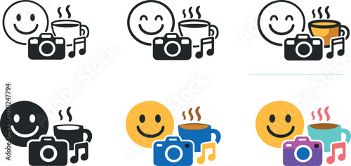 Set of icons representing happiness, photography, coffee, and music in various styles