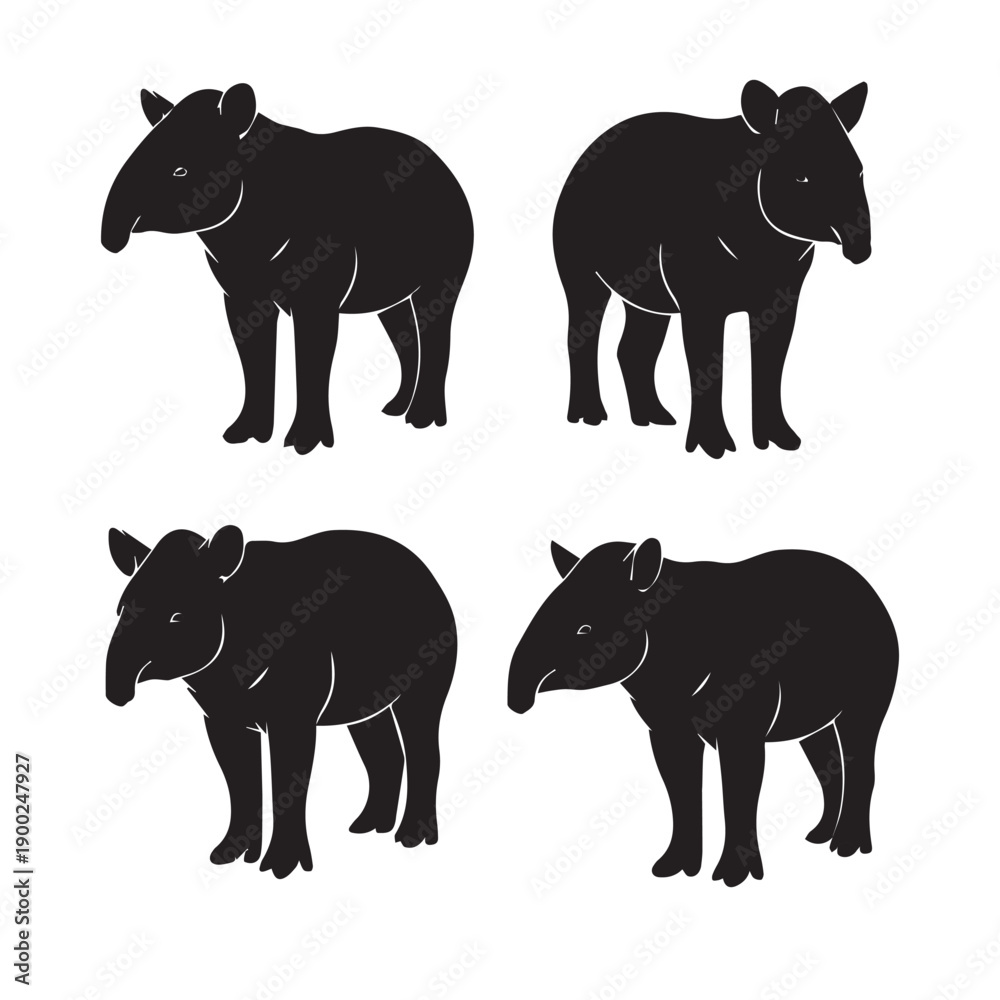 Fototapeta premium Tapir Silhouette Vector Set, Tapir Animal Black and White Illustration, Tapir Silhouette Collection