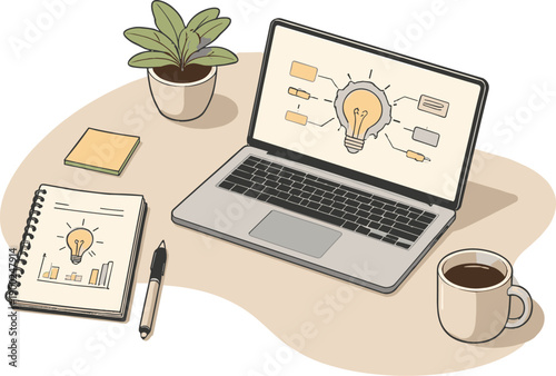 Calm Workspace Design. Calm innovation process workspace concept with laptop and notebook slightly angled for balance shown from