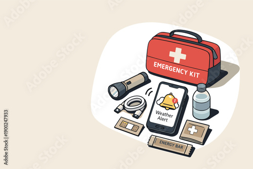 Calm weather alert readiness concept with smartphone and emergency kit slightly angled for balance shown from above, arranged in