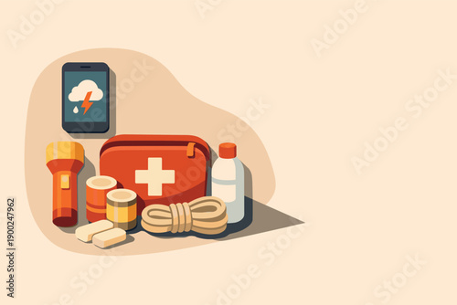 Weather alert readiness concept with simple smartphone weather app icon flashlight and emergency kit arranged neatly seen from