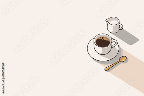 Refined contemporary coffee break minimal scene with essential cup elements subtly offset and aligned seen from above, placed in