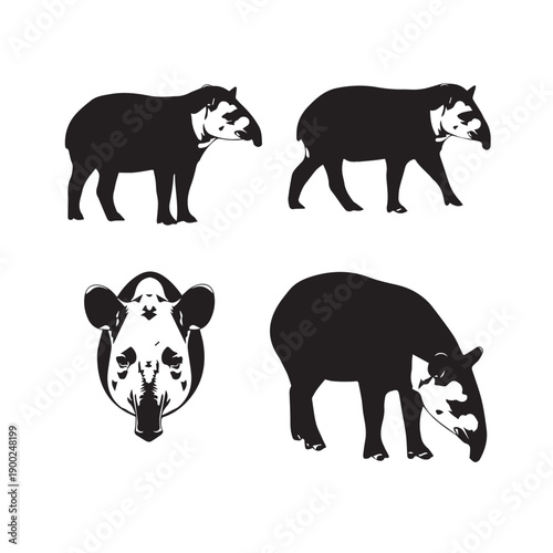 Tapir Silhouette Vector Set, Tapir Animal Black and White Illustration, Tapir Silhouette Collection
