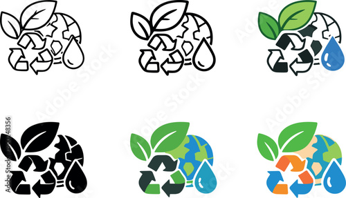 Sustainable Economy Icons. Market economy icon featuring a leaf, globe, recycle symbol, and water drop, symbolizing sustainable