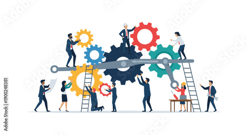 Diverse business team collaborating to assemble intricate mechanical gears, showcasing synergy and problem-solving on