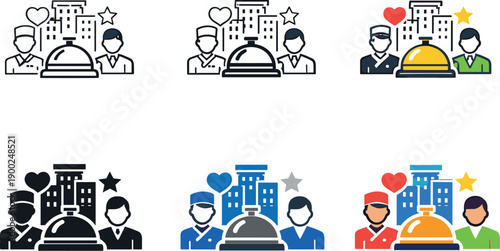 Service design icon showing stylized hotel buildings, concierge bell, staff figures, and guest interaction symbols representing