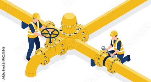 Male construction workers in safety attire operating an isometric yellow gas pipeline with a large valve and wrench on