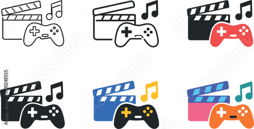 Entertainment lifestyle icon showing a mix of film, music, and gaming symbols illustrating modern pop culture, media consumption,