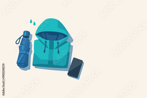 Minimal rainy day commute essentials with folded umbrella hooded jacket and phone loosely arranged seen from a top-down angle,