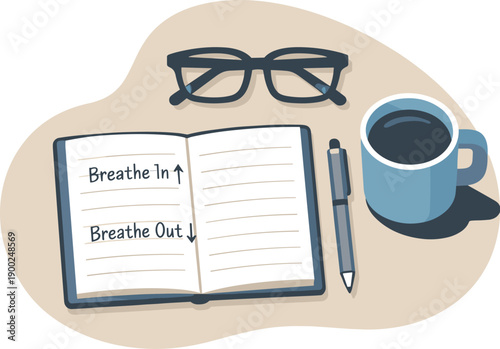 Serene Workspace Design. Clean calm breathing exercise concept viewed from above with generic journal pen glasses and cup aligned