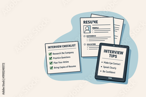 Clean interview preparation concept viewed from above with generic resume pages checklist card and tablet aligned clearly, placed