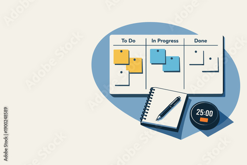 Refined contemporary kanban board workflow concept with essential sticky notes notebook pen and timer subtly offset and aligned