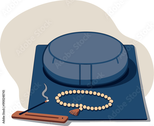 Mindfulness Meditation Setup. Clean mindfulness meditation essentials viewed from above with generic mat cushion and incense