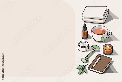 Refined contemporary morning routine self care with essential wellness items subtly offset and aligned seen from above, placed in