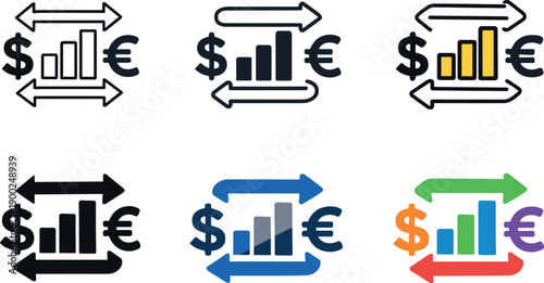 Trade Economy Icons. Trade economy icon showing stylized arrows, currency symbols, and bar charts representing market transactions