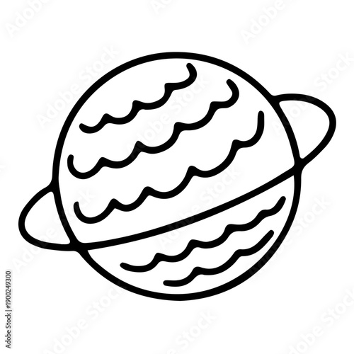 A minimalist black and white line drawing of a planet with a thin oval ring. Doodle