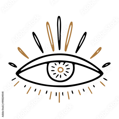 A minimalist hand drawn eye symbol with black and gold radiating lines. Doodle