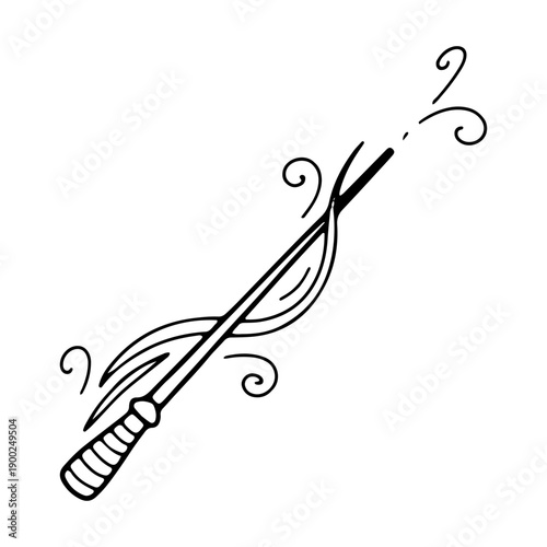 Minimalistic black and white drawing of a magic wand with decorative curls. Doodle