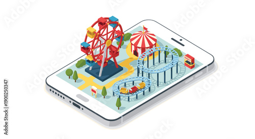 Isometric amusement park map displayed on a tablet screen, showing a Ferris wheel, multiple rollercoasters, and a
