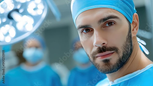 Confident male surgeon looking at camera in the operating room with his medical team working in the background under bright surgical lights, ready for surgery